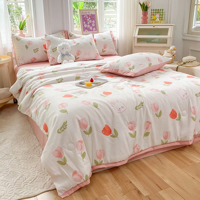 91家纺网 家纺一手货源 找家纺 梦之岛 2023新款A类母婴级双层纱水洗棉麻夏凉被四件套 甜心兔