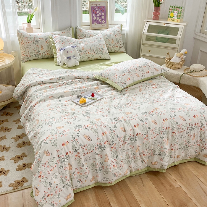 91家纺网 家纺一手货源 找家纺 梦之岛 2023新款A类母婴级双层纱水洗棉麻夏凉被四件套 绿野仙踪