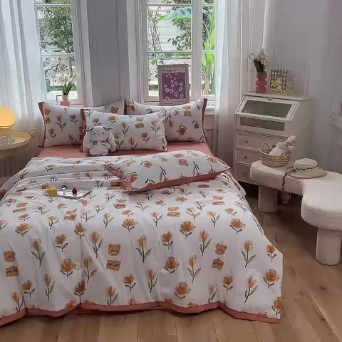 91家纺网 家纺一手货源 找家纺 梦之岛 2023新款A类母婴级双层纱水洗棉麻夏凉被四件套 可爱熊