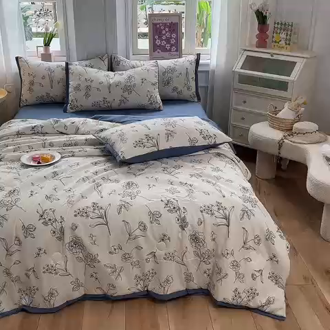 91家纺网 家纺一手货源 找家纺 梦之岛 2023新款A类母婴级双层纱水洗棉麻夏凉被四件套 雅韵