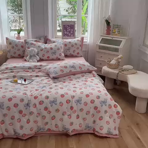 91家纺网 家纺一手货源 找家纺 梦之岛 2023新款A类母婴级双层纱水洗棉麻夏凉被四件套 爱丽丝