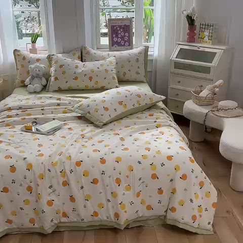 91家纺网 家纺一手货源 找家纺 梦之岛 2023新款A类母婴级双层纱水洗棉麻夏凉被四件套 小柠檬