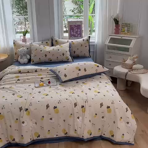 91家纺网 家纺一手货源 找家纺 梦之岛 2023新款A类母婴级双层纱水洗棉麻夏凉被四件套 小菠萝