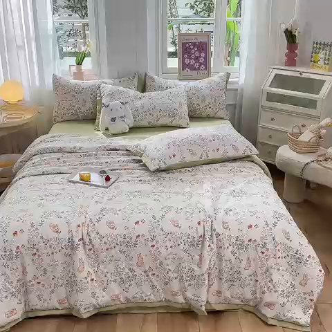 91家纺网 家纺一手货源 找家纺 梦之岛 2023新款A类母婴级双层纱水洗棉麻夏凉被四件套 绿野仙踪