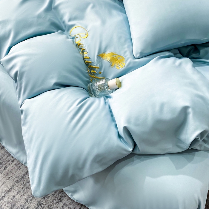 91家纺网 家纺一手货源 找家纺 红日子纺织品 2023新款水洗真丝绣花四件套 薄荷绿