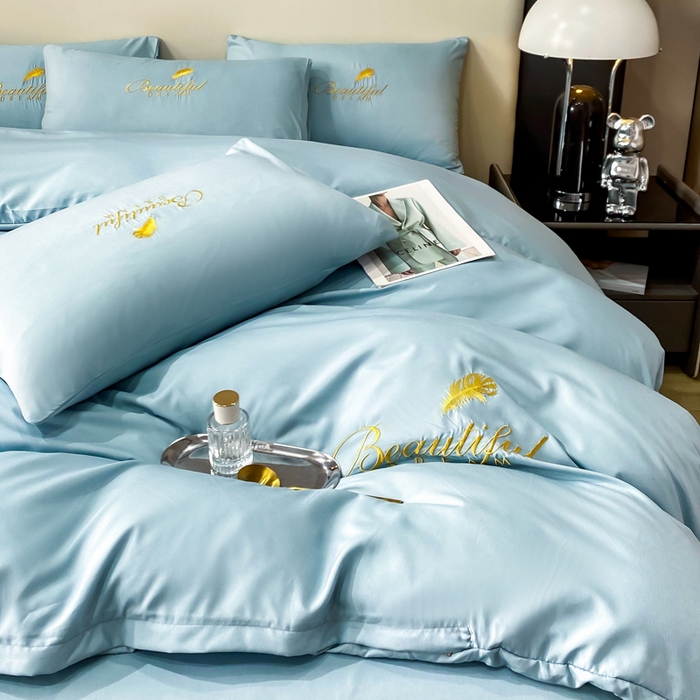 91家纺网 家纺一手货源 找家纺 红日子纺织品 2023新款水洗真丝绣花四件套 薄荷绿