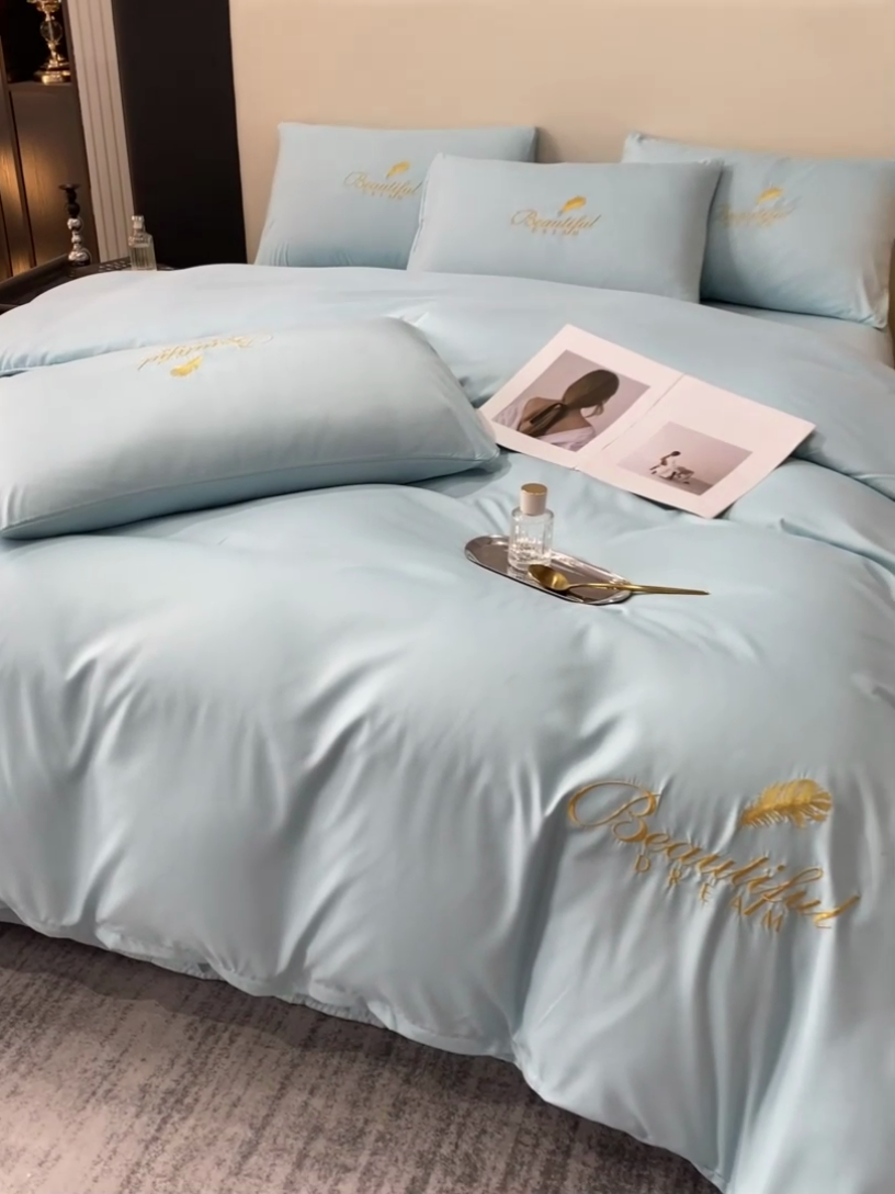 91家纺网 家纺一手货源 找家纺 红日子纺织品 2023新款水洗真丝绣花四件套 薄荷绿