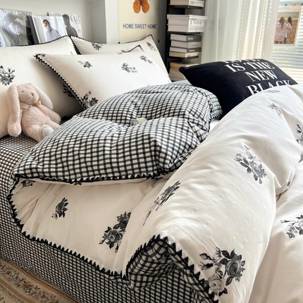 91家纺网 家纺一手货源 找家纺 HL原创2023新款贝壳边全棉四件套 黑玫瑰