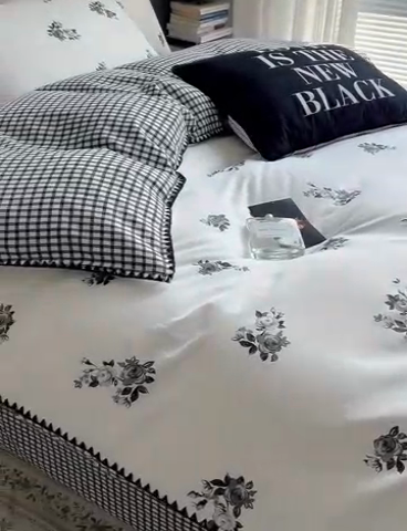 91家纺网 家纺一手货源 找家纺 HL原创2023新款贝壳边全棉四件套 黑玫瑰