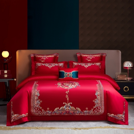 91家纺网 家纺一手货源 找家纺 （总）高大尚 2023新款60s长绒棉婚庆多件套系列--吉祥花语