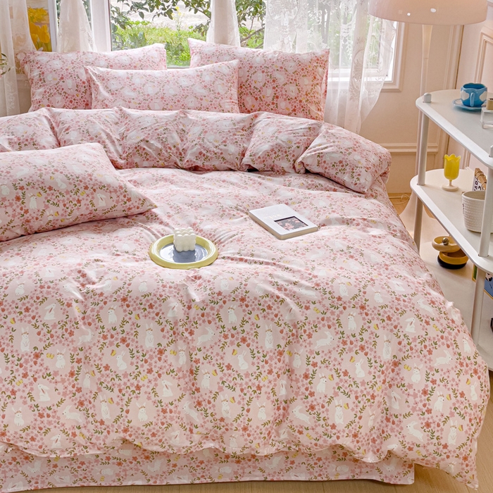 91家纺网 家纺一手货源 找家纺 感遇 2023 4月全棉四件套 2花小兔粉