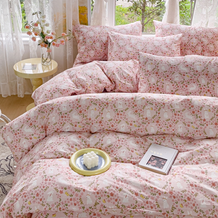 91家纺网 家纺一手货源 找家纺 感遇 2023 4月全棉四件套 2花小兔粉