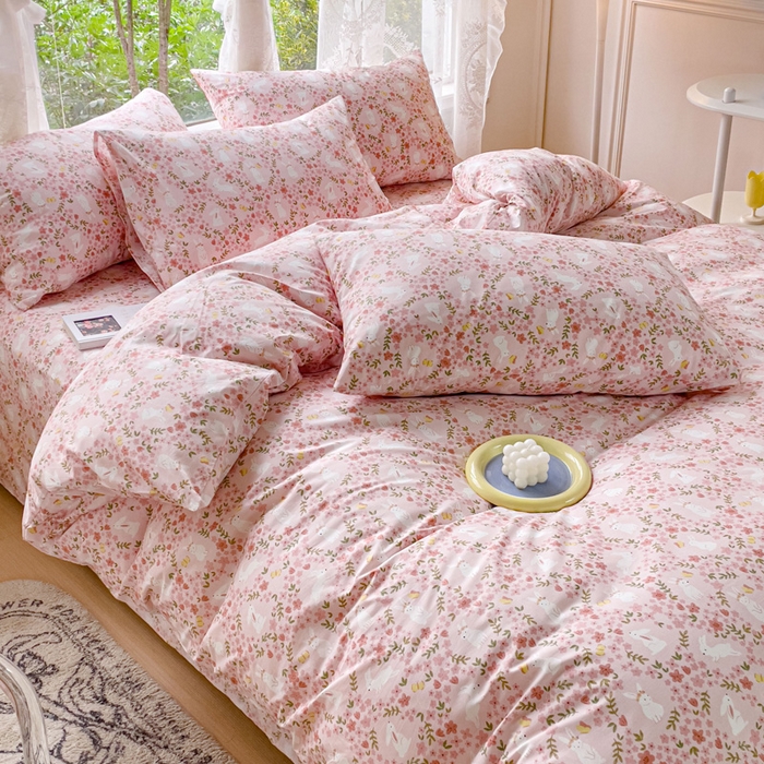 91家纺网 家纺一手货源 找家纺 感遇 2023 4月全棉四件套 2花小兔粉