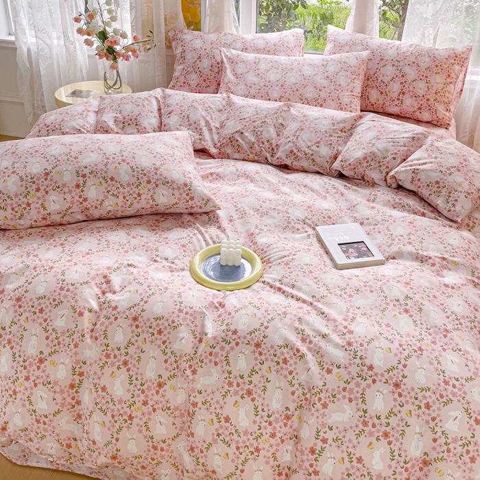 91家纺网 家纺一手货源 找家纺 感遇 2023 4月全棉四件套 2花小兔粉