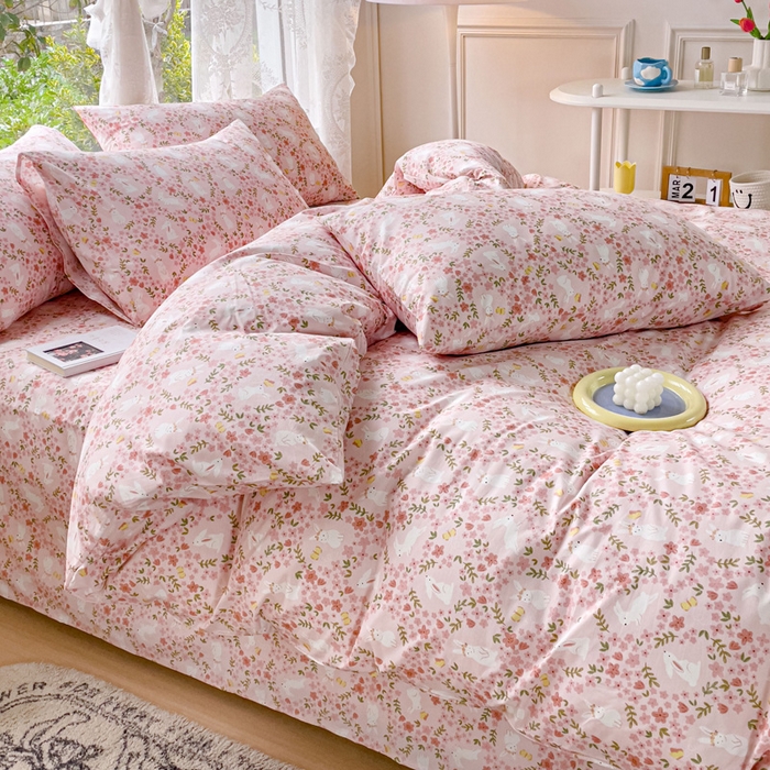 91家纺网 家纺一手货源 找家纺 感遇 2023 4月全棉四件套 2花小兔粉