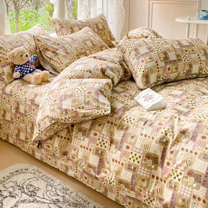 91家纺网 家纺一手货源 找家纺 感遇 2023 4月全棉四件套 4格子小熊