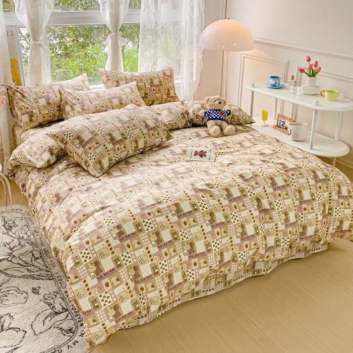 91家纺网 家纺一手货源 找家纺 感遇 2023 4月全棉四件套 4格子小熊