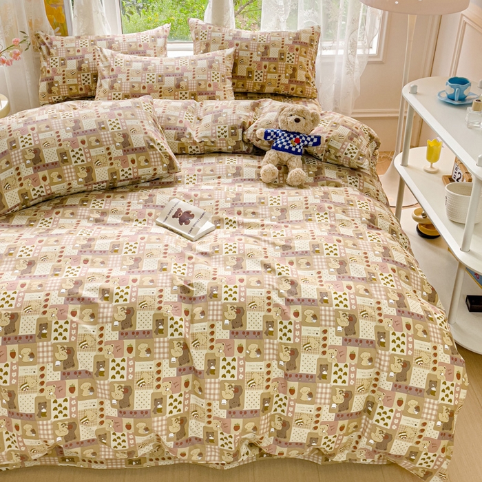 91家纺网 家纺一手货源 找家纺 感遇 2023 4月全棉四件套 4格子小熊