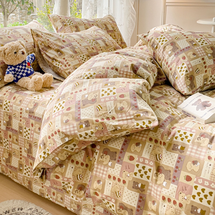 91家纺网 家纺一手货源 找家纺 感遇 2023 4月全棉四件套 4格子小熊