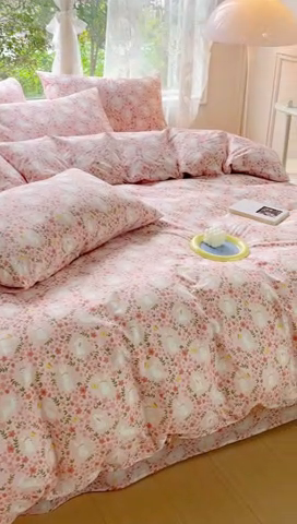 91家纺网 家纺一手货源 找家纺 感遇 2023 4月全棉四件套 2花小兔粉