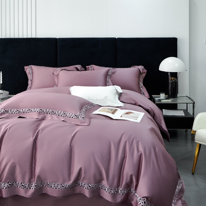 91家纺网 家纺一手货源 找家纺 榻尚家居2023款纯棉镂空贡缎蕾丝款四件套(会员-20) 玫瑰紫