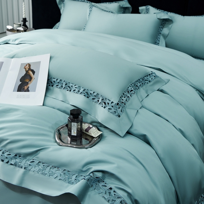 91家纺网 家纺一手货源 找家纺 榻尚家居2023款纯棉镂空贡缎蕾丝款四件套(会员-20) 荷叶绿