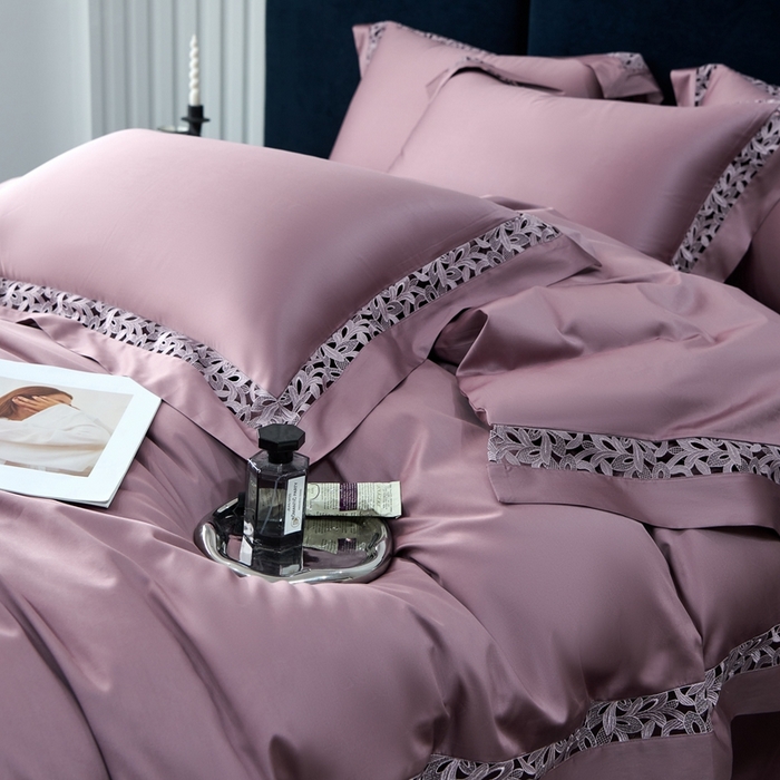 91家纺网 家纺一手货源 找家纺 榻尚家居2023款纯棉镂空贡缎蕾丝款四件套(会员-20) 玫瑰紫