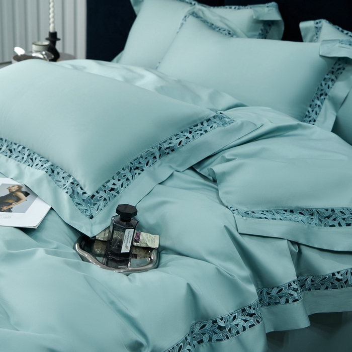 91家纺网 家纺一手货源 找家纺 榻尚家居2023款纯棉镂空贡缎蕾丝款四件套(会员-20) 荷叶绿