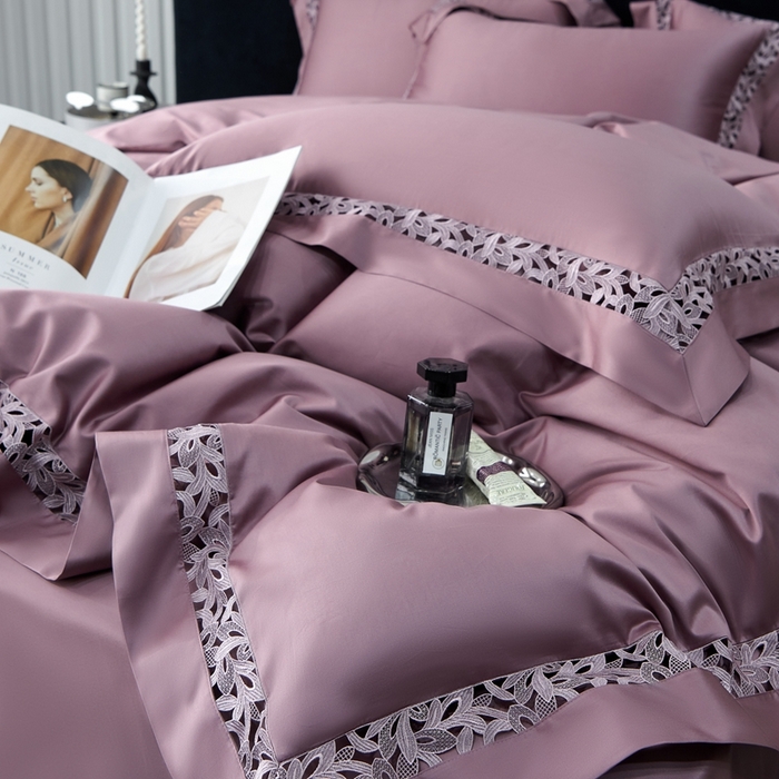 91家纺网 家纺一手货源 找家纺 榻尚家居2023款纯棉镂空贡缎蕾丝款四件套(会员-20) 玫瑰紫