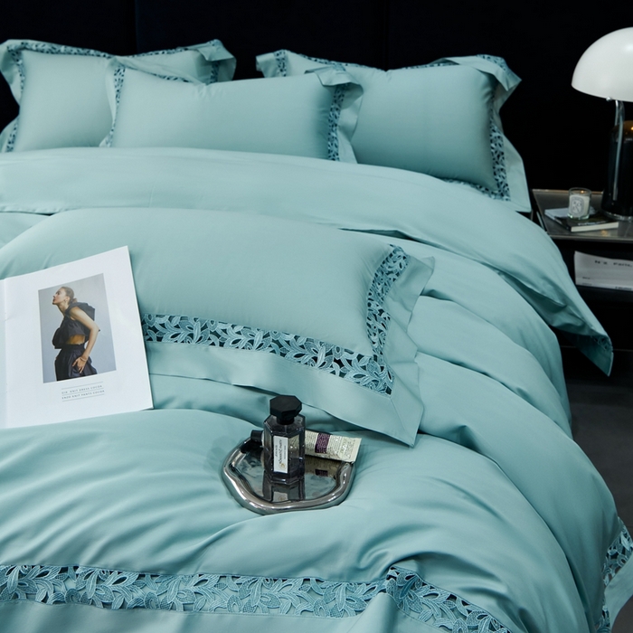 91家纺网 家纺一手货源 找家纺 榻尚家居2023款纯棉镂空贡缎蕾丝款四件套(会员-20) 荷叶绿