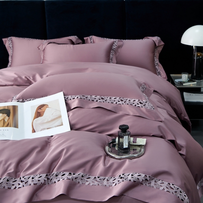 91家纺网 家纺一手货源 找家纺 榻尚家居2023款纯棉镂空贡缎蕾丝款四件套(会员-20) 玫瑰紫
