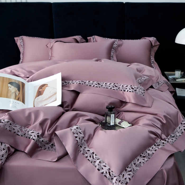 91家纺网 家纺一手货源 找家纺 榻尚家居2023款纯棉镂空贡缎蕾丝款四件套(会员-20) 玫瑰紫