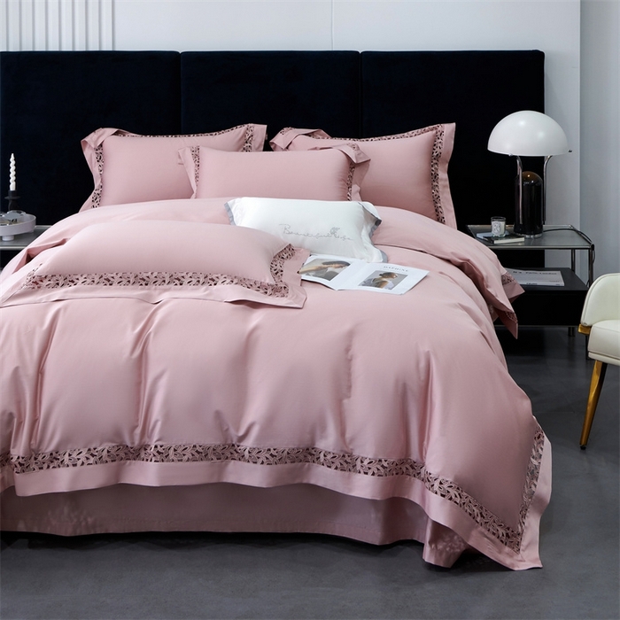 91家纺网 家纺一手货源 找家纺 榻尚家居2023款纯棉镂空贡缎蕾丝款四件套(会员-20) 曙光粉