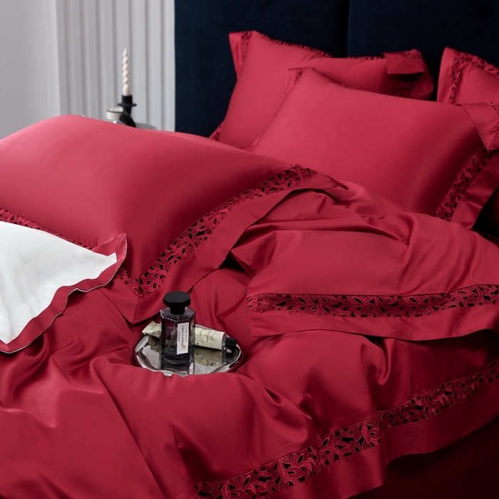 91家纺网 家纺一手货源 找家纺 榻尚家居2023款纯棉镂空贡缎蕾丝款四件套(会员-20) 樱桃红