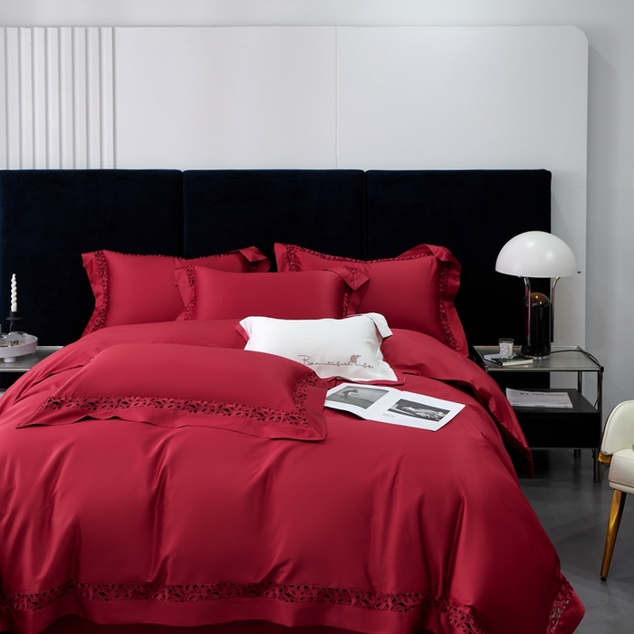 91家纺网 家纺一手货源 找家纺 榻尚家居2023款纯棉镂空贡缎蕾丝款四件套(会员-20) 樱桃红