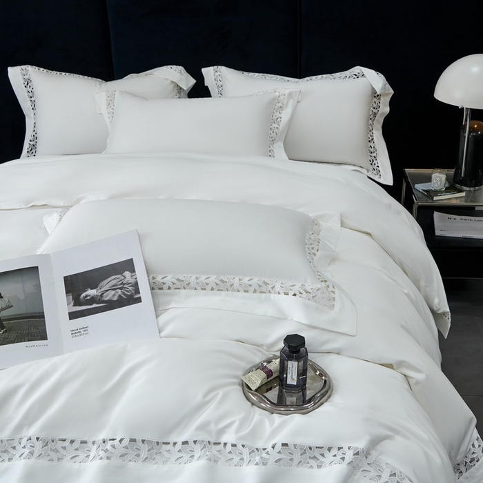 91家纺网 家纺一手货源 找家纺 榻尚家居2023款纯棉镂空贡缎蕾丝款四件套(会员-20) 珍珠白