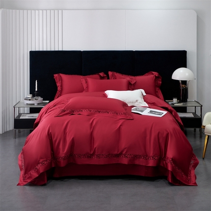 91家纺网 家纺一手货源 找家纺 榻尚家居2023款纯棉镂空贡缎蕾丝款四件套(会员-20) 樱桃红