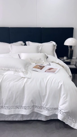 91家纺网 家纺一手货源 找家纺 榻尚家居2023款纯棉镂空贡缎蕾丝款四件套(会员-20) 珍珠白