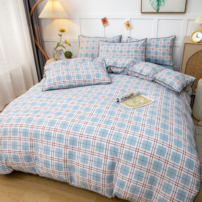 91家纺网 家纺一手货源 找家纺 乐居坊2023新款印花水洗双层纱贝壳绣四件套 简约格灰