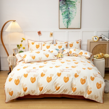 91家纺网 家纺一手货源 找家纺 乐居坊2023新款印花水洗双层纱贝壳绣四件套 爱心咖