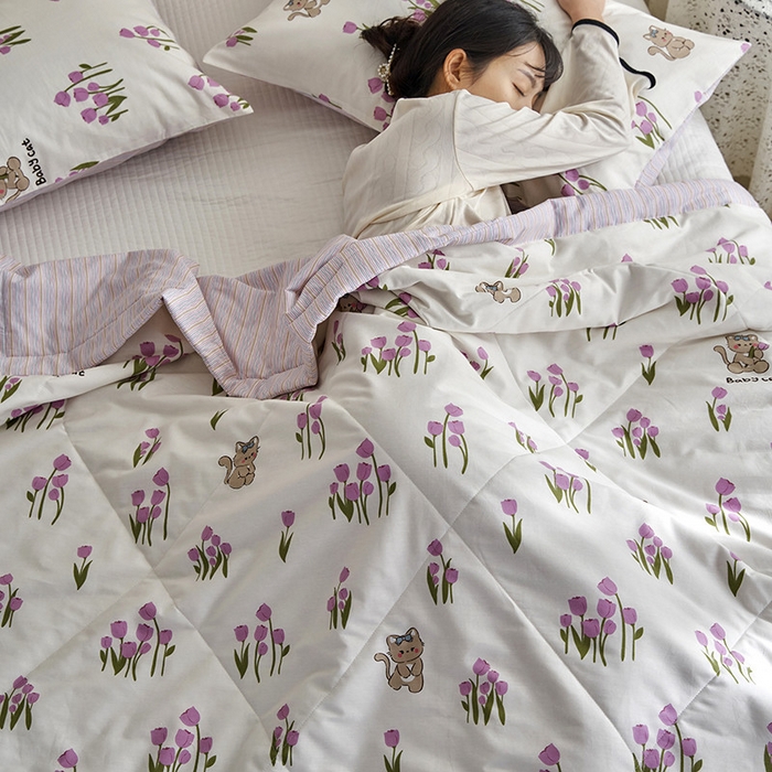 91家纺网 家纺一手货源 找家纺 莱福仕家纺 2023新款全棉喷气印花夏被四件套 花园猫