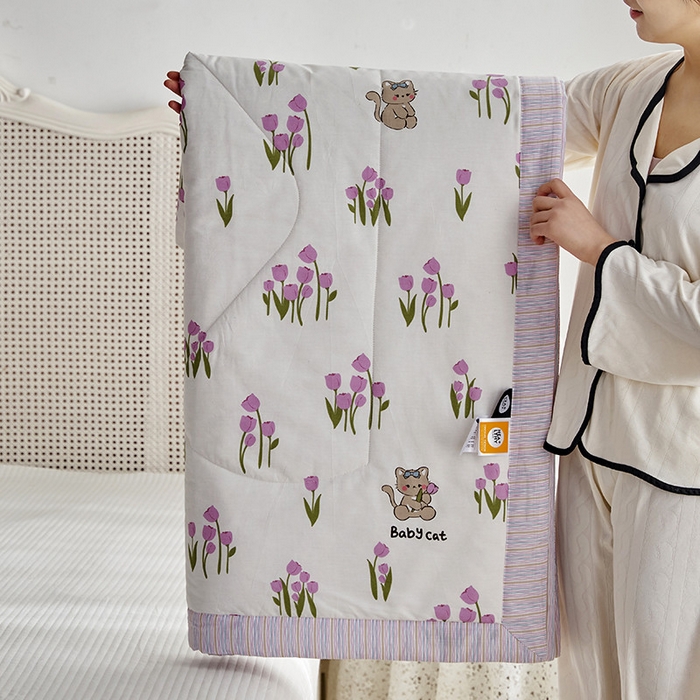 91家纺网 家纺一手货源 找家纺 莱福仕家纺 2023新款全棉喷气印花夏被四件套 花园猫