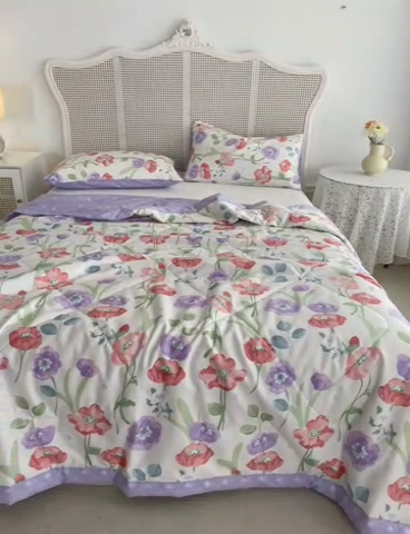 91家纺网 家纺一手货源 找家纺 莱福仕家纺 2023新款全棉喷气印花夏被四件套 铃兰花
