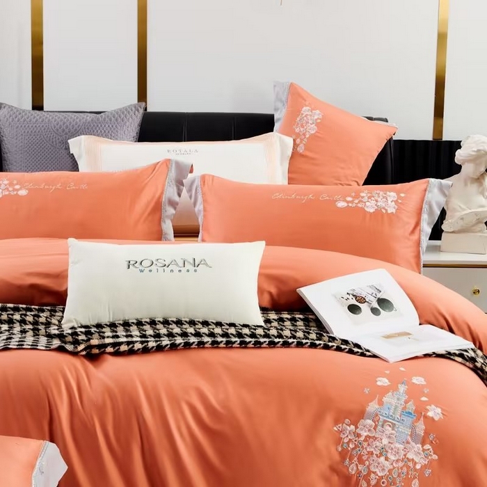 91家纺网 家纺一手货源 找家纺 120支60S长绒棉宽边刺绣花贡缎纯棉全棉四件套 爱的城堡-靓桔