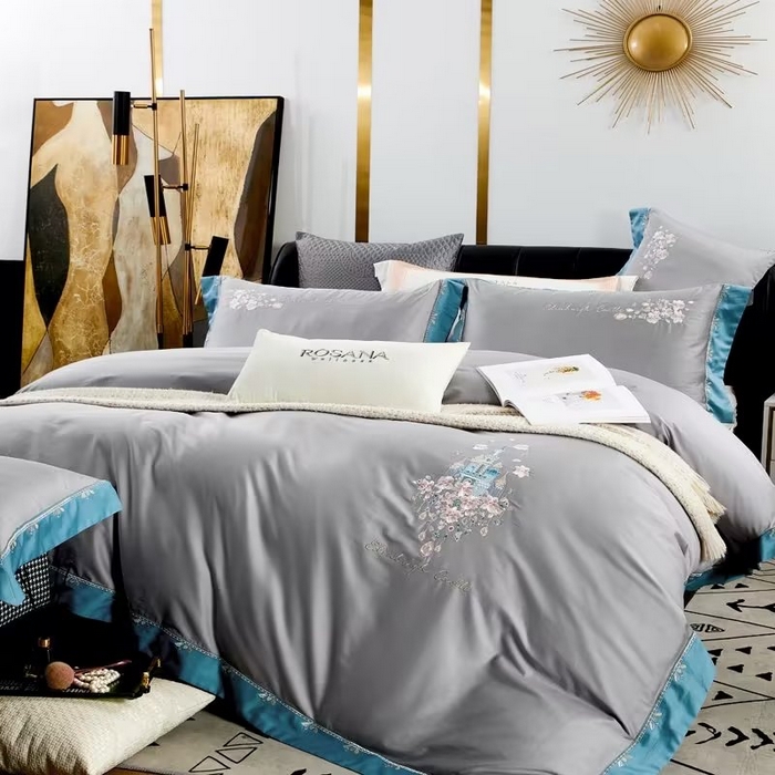 91家纺网 家纺一手货源 找家纺 U品汇 2023新品120支60S长绒棉宽边刺绣花贡缎纯棉全棉四件套 爱的城堡-时尚灰