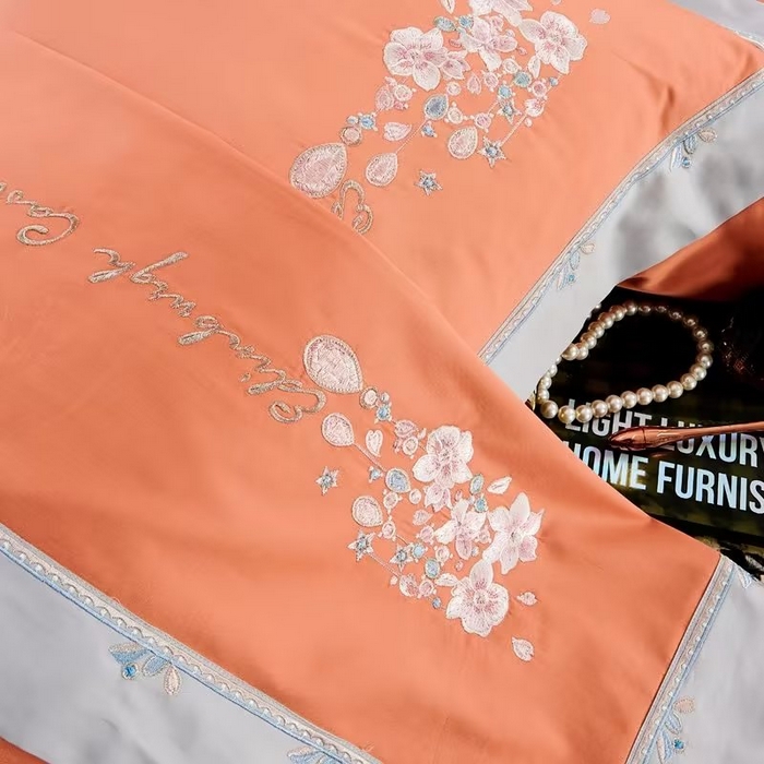 91家纺网 家纺一手货源 找家纺 120支60S长绒棉宽边刺绣花贡缎纯棉全棉四件套 爱的城堡-靓桔