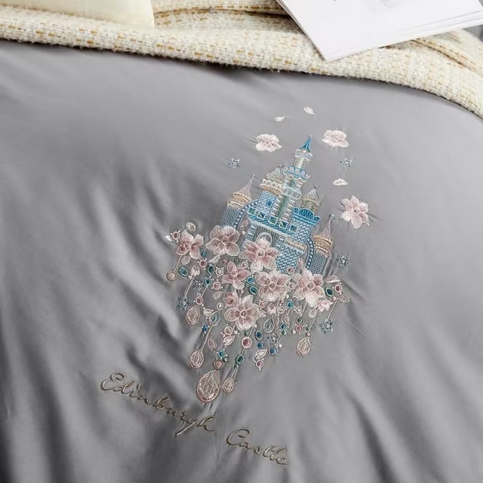 91家纺网 家纺一手货源 找家纺 U品汇 2023新品120支60S长绒棉宽边刺绣花贡缎纯棉全棉四件套 爱的城堡-时尚灰