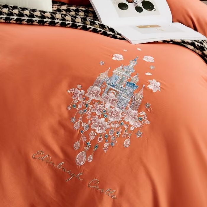 91家纺网 家纺一手货源 找家纺 120支60S长绒棉宽边刺绣花贡缎纯棉全棉四件套 爱的城堡-靓桔