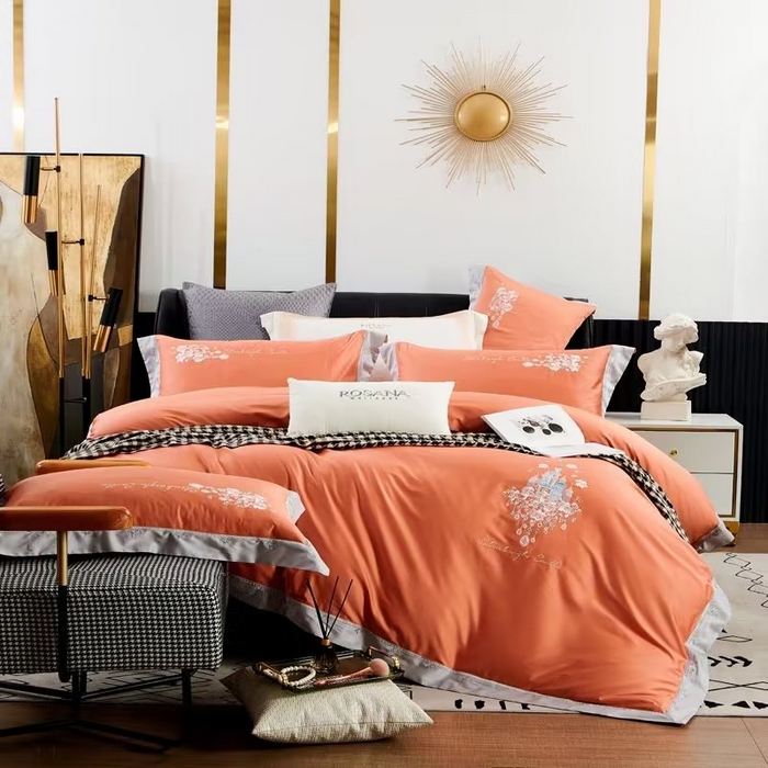 91家纺网 家纺一手货源 找家纺 120支60S长绒棉宽边刺绣花贡缎纯棉全棉四件套 爱的城堡-靓桔