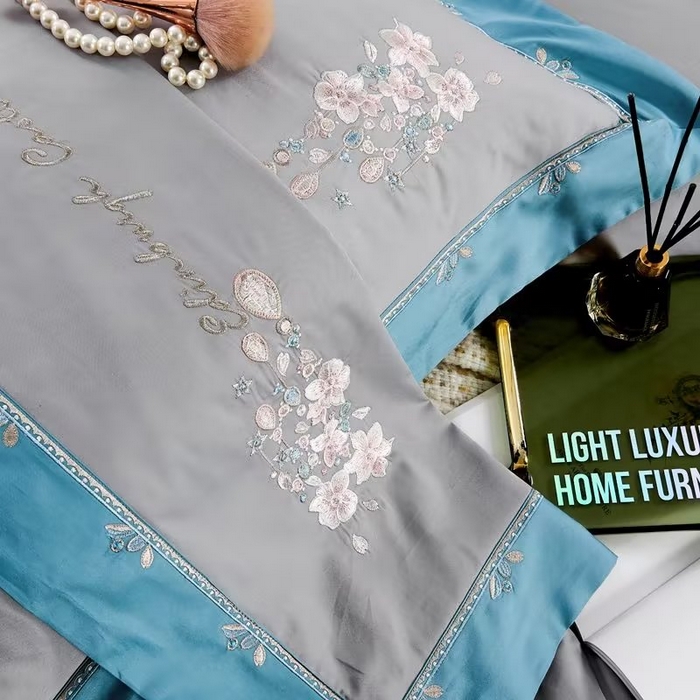 91家纺网 家纺一手货源 找家纺 U品汇 2023新品120支60S长绒棉宽边刺绣花贡缎纯棉全棉四件套 爱的城堡-时尚灰